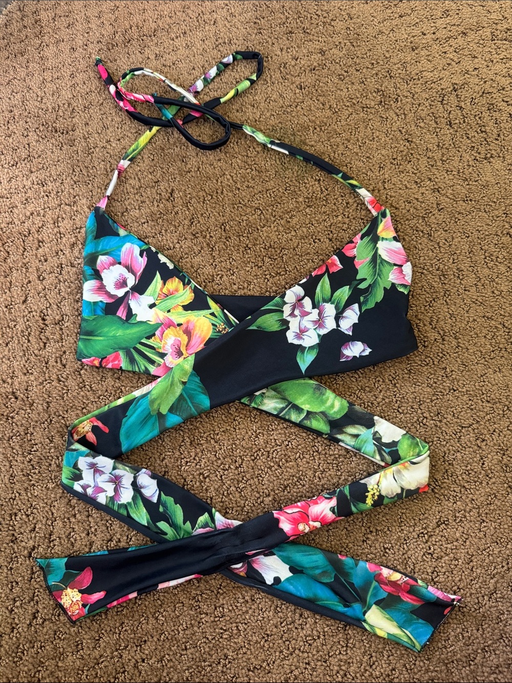 Tropical Floral Wrap Bikini Top - Black base